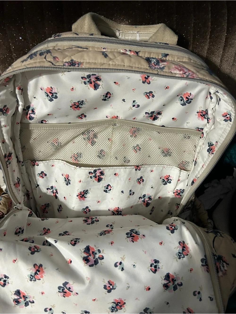 Beige Floral Quilted Backpack - Women